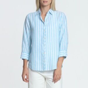 NWT Hinson Wu “Iris” Striped Linen Button Down Shirt in Aqua and White Sz 6